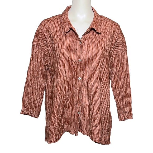 Cut Loose Crinkle Textured Checkered Button-Up Shirt Size M Oversized Rusty Red - Picture 1 of 9